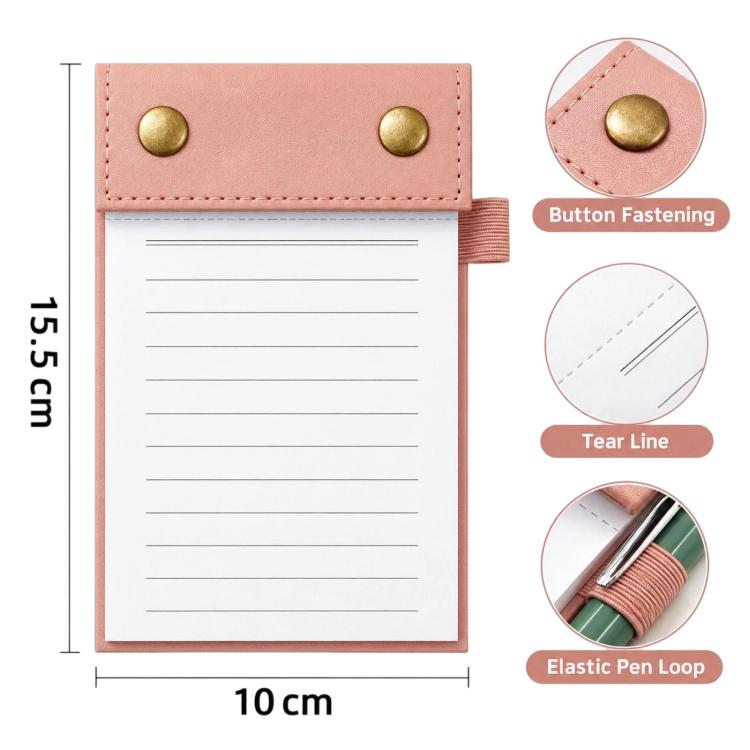 A6 tear-off notepad journal, pink leather cover with gold snap buttons and tear line