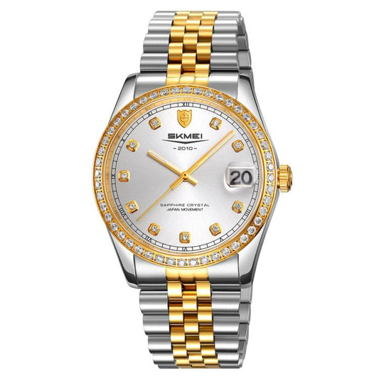 SKMEI quartz watch with gold-and-silver stainless steel bracelet, diamond-accent bezel
