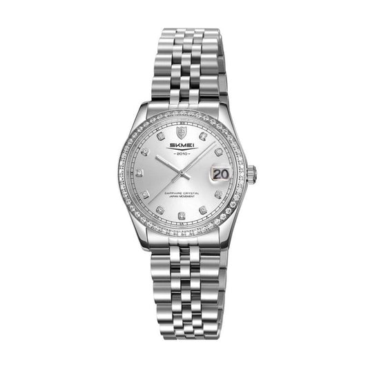 SKMEI quartz watch with silver stainless steel bracelet, diamond bezel and date window