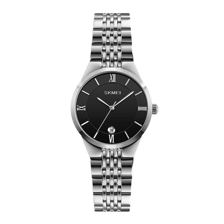 Black dial quartz wristwatch with Roman numerals, date window, and metal bracelet band