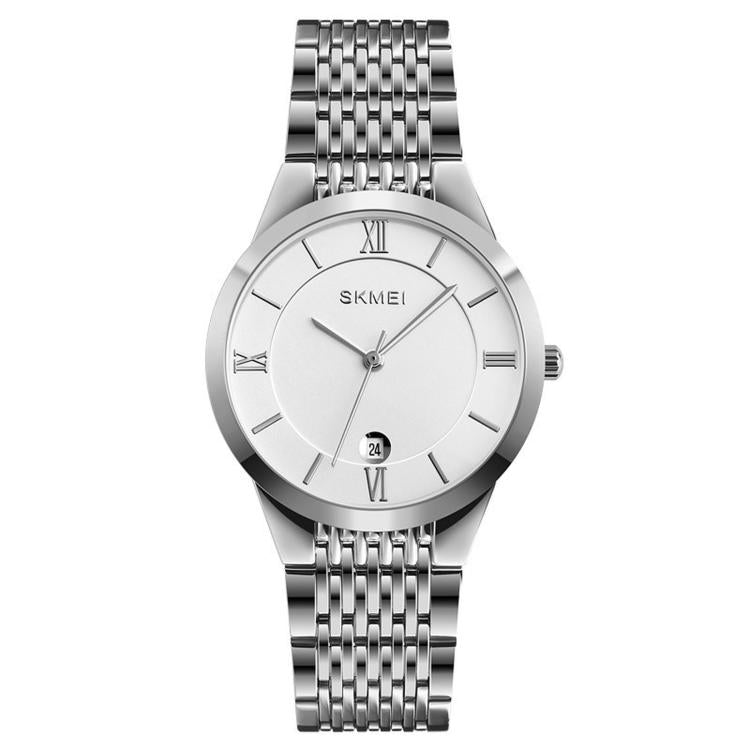 Stainless steel quartz wristwatch with white dial, Roman numerals, and date window