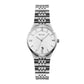 White dial quartz wristwatch with Roman numerals, date window, and metal bracelet band