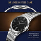Stainless steel quartz wristwatch with black dial, Roman numerals, and slim case profile