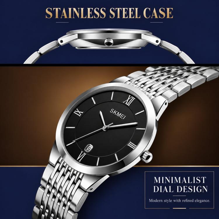 Stainless steel quartz wristwatch with black dial, Roman numerals, and slim case profile