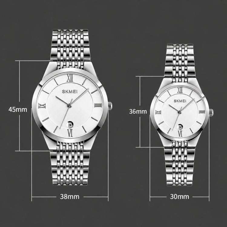 Two stainless steel quartz wristwatches with white dials, Roman numerals, and metal bracelets