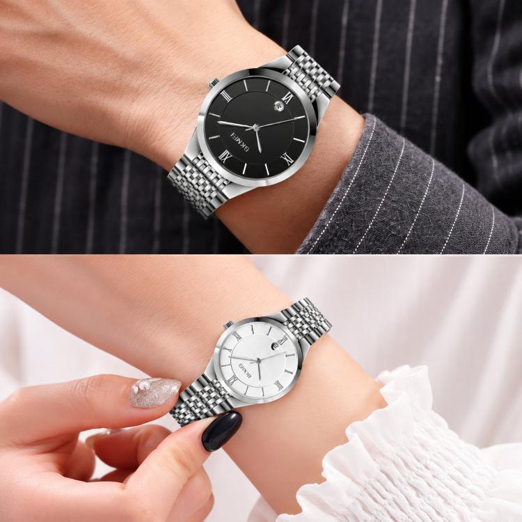 Two quartz watches on wrists, black and silver dials with stainless steel metal bracelets