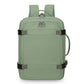 Green expandable travel backpack with zip front pocket, top handle, and side carry loop.