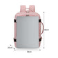 Pink expandable travel backpack front view with side handle loop and luggage strap.