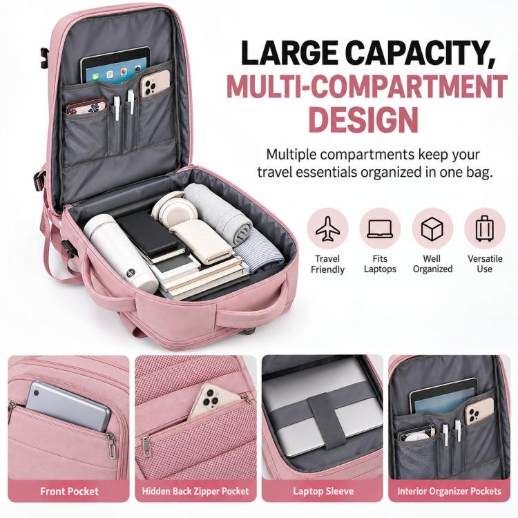 Pink expandable travel backpack, open interior with laptop sleeve and organizer pockets