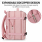 Pink expandable side-zip travel backpack with shoulder straps and front organizer