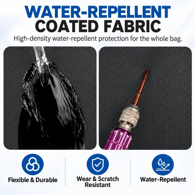 Water-repellent coated fabric backpack panels with textured weave and beaded water droplets