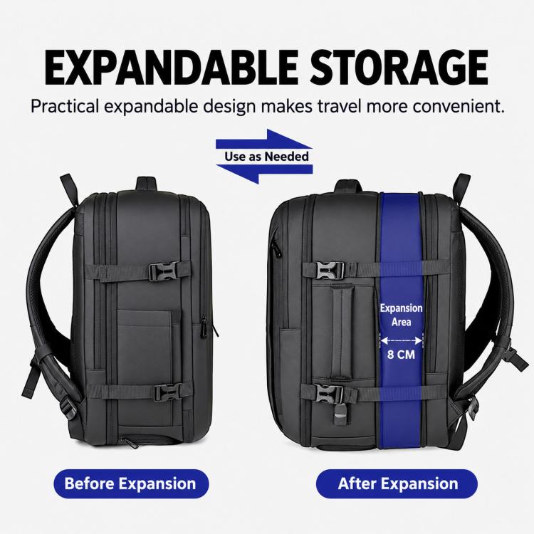 Expandable storage backpack showing before-and-after expansion area