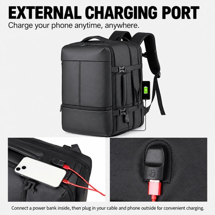 Waterproof backpack with external charging port and built-in USB cable
