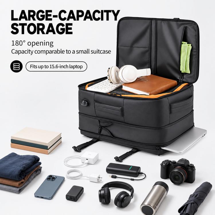 Large-capacity expandable backpack with 180-degree opening and laptop-ready interior