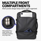 Backpack with multiple front compartments and side bottle pocket with elastic strap