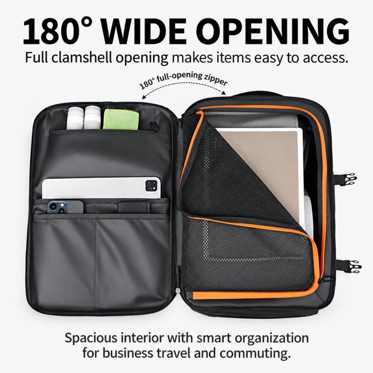 Backpack with 180-degree wide opening and mesh organizer pocket for documents