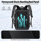 Black expandable travel backpack with turquoise flame front pocket, padded shoulder straps