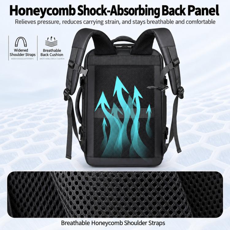 Black expandable travel backpack with turquoise flame front pocket, padded shoulder straps