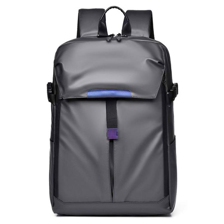 Dark gray sports travel backpack with front flap pocket and padded center seam