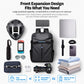 Black sports travel backpack with front expansion and multiple accessory storage pockets