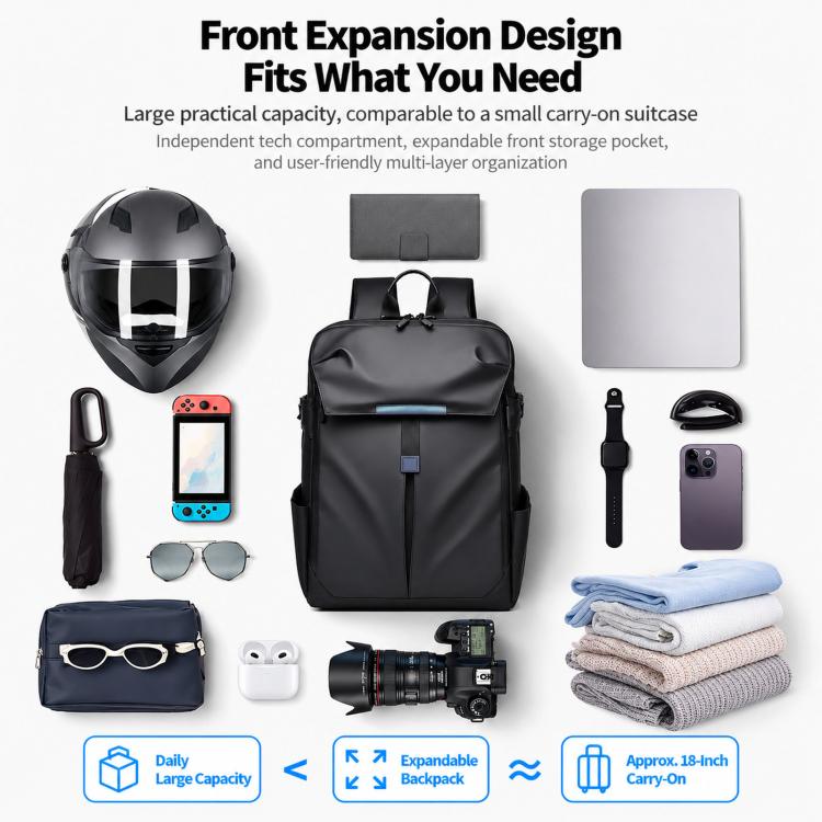 Black sports travel backpack with front expansion and multiple accessory storage pockets