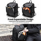 Black front expandable backpack with top handle and side compartments