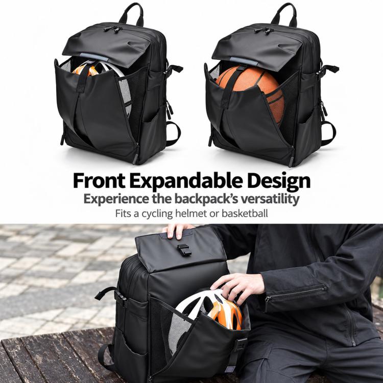 Black front expandable backpack with top handle and side compartments