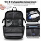 Black backpack with front mesh wet/dry compartment and multiple interior pockets