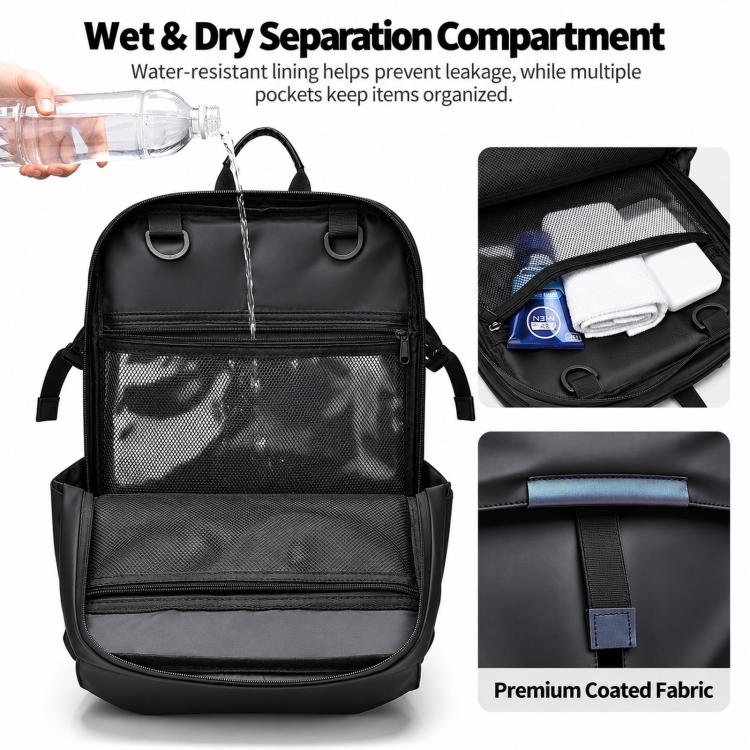 Black backpack with front mesh wet/dry compartment and multiple interior pockets