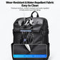 Black waterproof backpack with coated fabric that repels water and resists stains