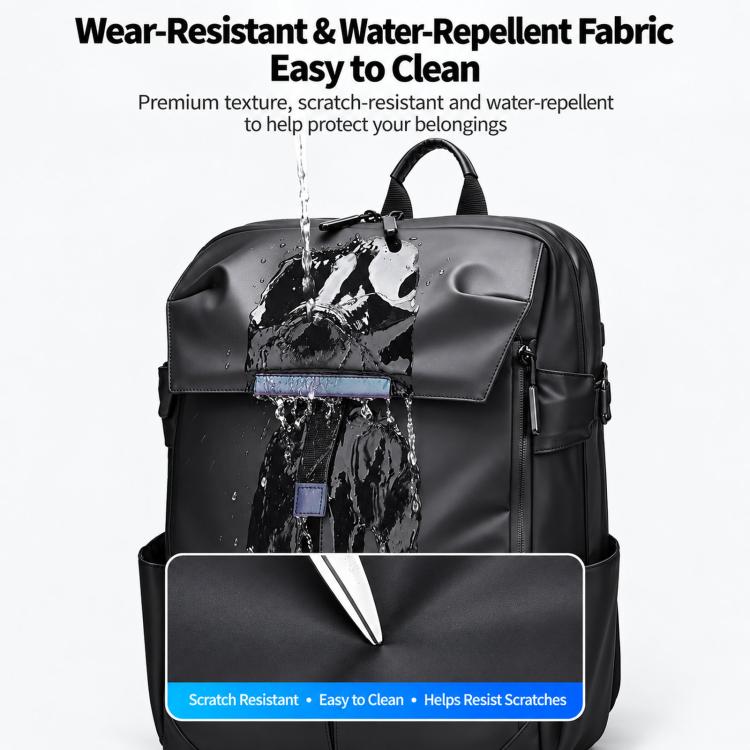 Black waterproof backpack with coated fabric that repels water and resists stains