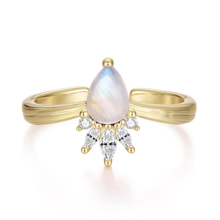 Copper Natural Teardrop Moonstone Crown Adjustable Opening Ring, YIR361-E