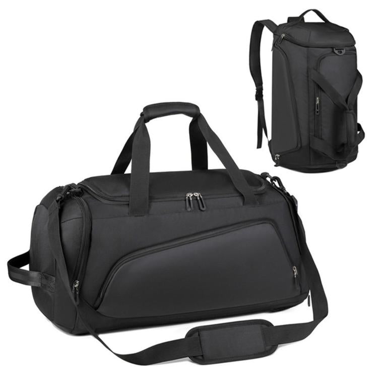 Black convertible travel duffel backpack with front zipper, top handle, and shoulder strap