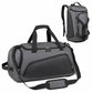 Gray convertible travel duffel backpack with front zipper, top handle, and shoulder strap