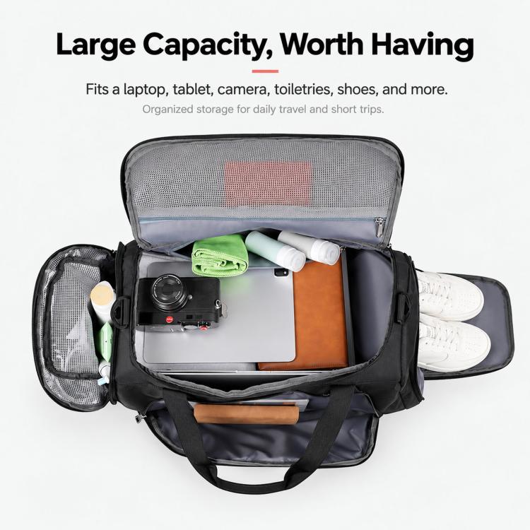 Black open travel duffel with zippered mesh top compartment and multiple interior pockets
