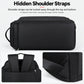 Black duffel bag with hidden tuck-away shoulder straps and front zipper pocket