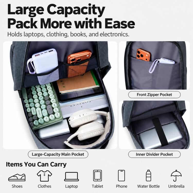 REMOID slim backpack open view with inner divider and front zip pocket.
