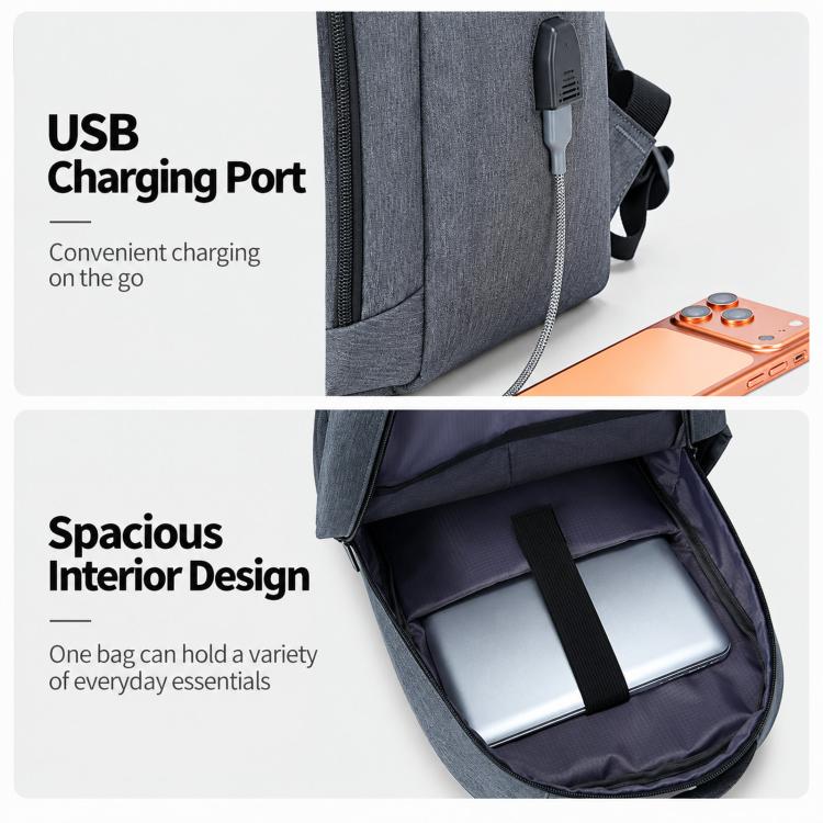 REMOID backpack with USB charging port and spacious interior laptop sleeve, side view.