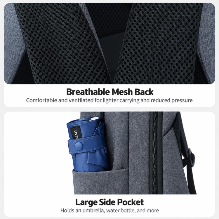 REMOID backpack back panel with breathable mesh and large side pocket, close-up.