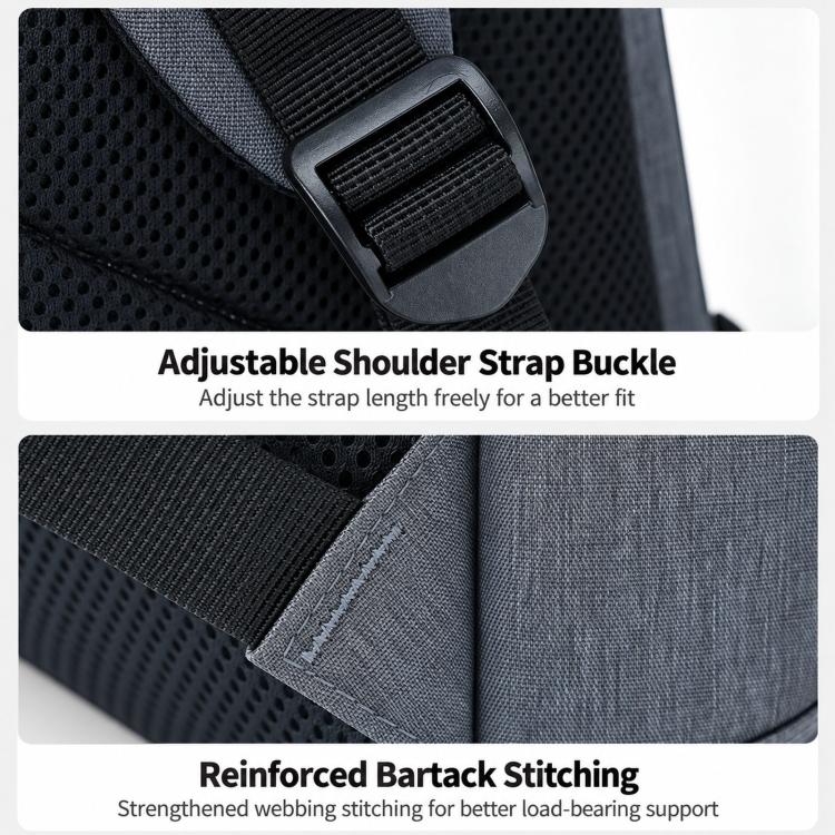 REMOID backpack shoulder strap buckle with reinforced bartack stitching, close-up detail.