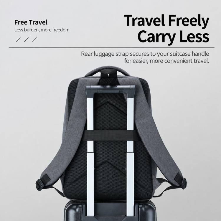 Gray travel laptop backpack with rear luggage strap and padded shoulder straps