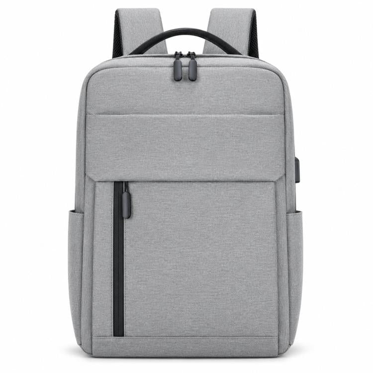 Light gray laptop backpack with padded front panel and zippered front pocket