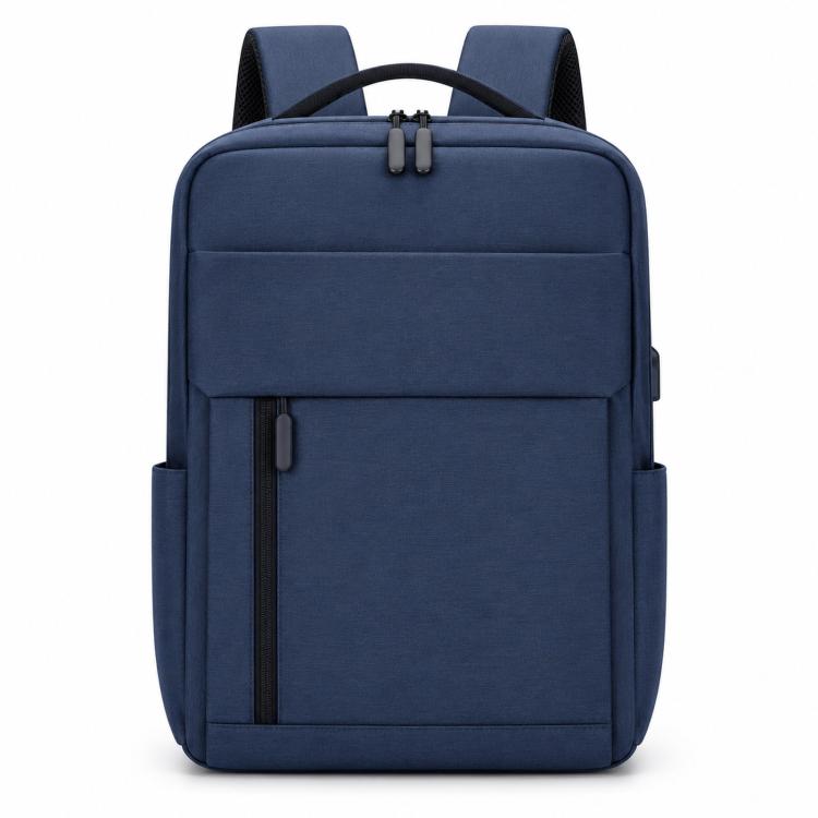 Blue laptop backpack with padded front panel and zippered front pocket