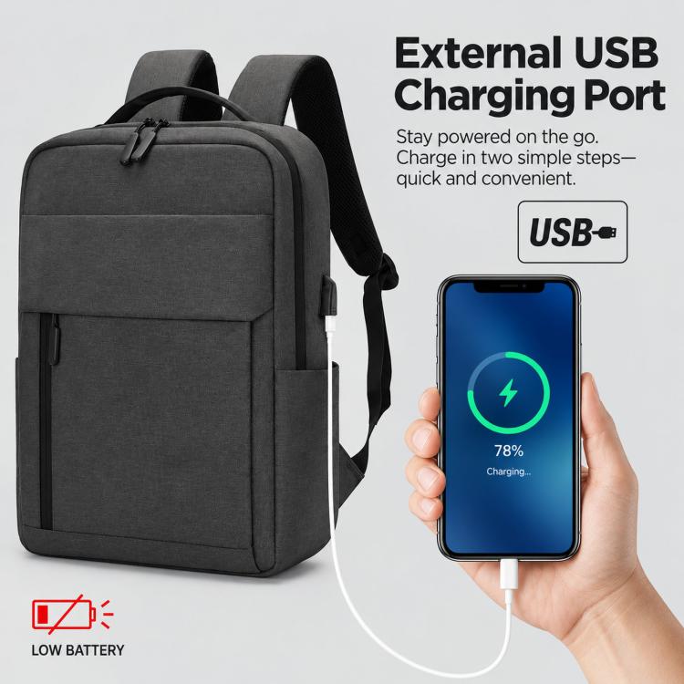 Water-resistant laptop backpack with external USB charging port for mobile device