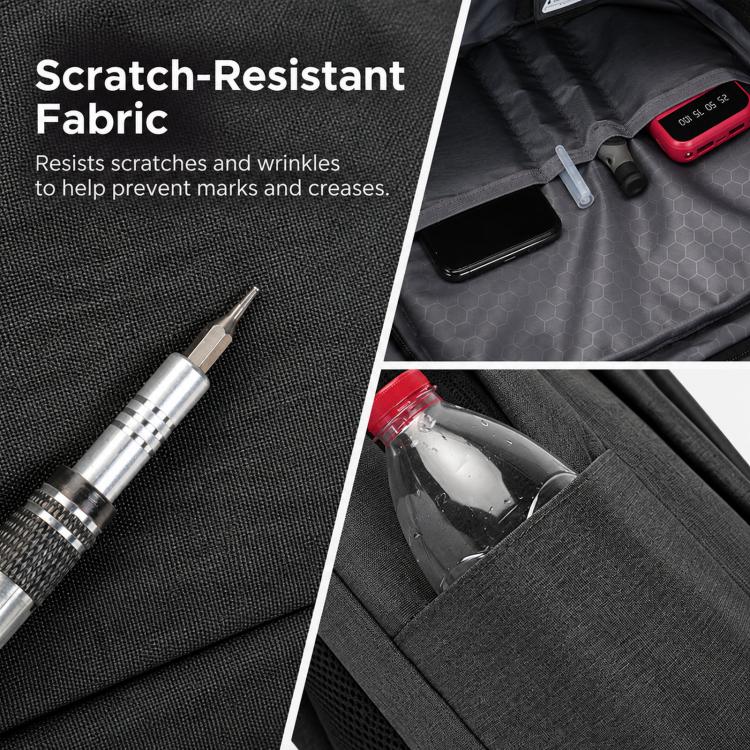 Scratch-resistant laptop backpack fabric with internal compartments and zipper closeup