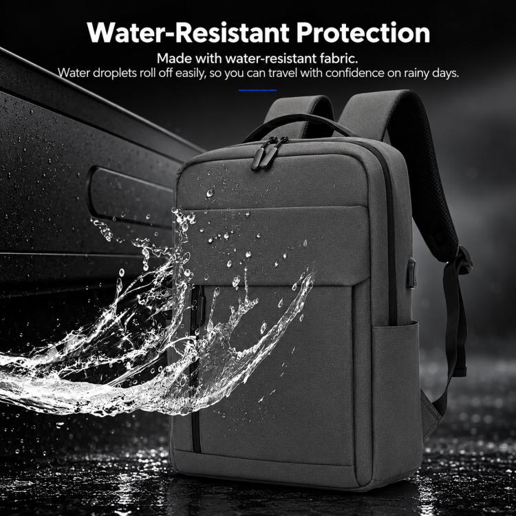 Water-resistant laptop backpack, black with front pocket and top handle