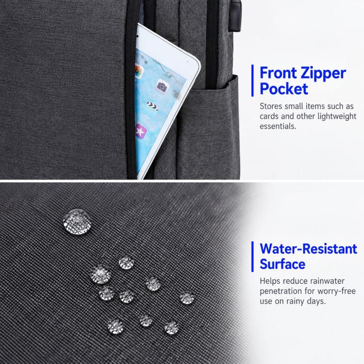 REMOID front zipper pocket holding a tablet; water-resistant textured surface