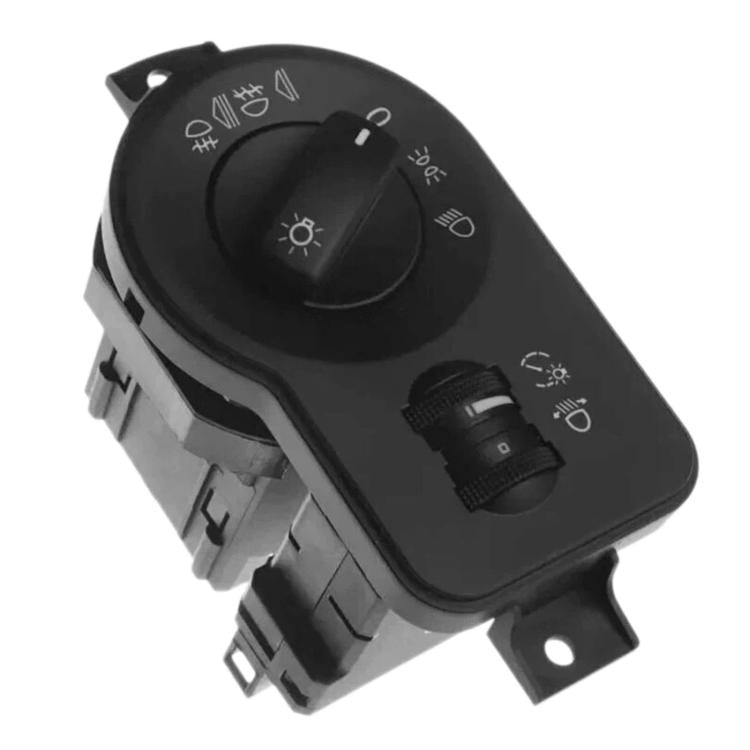 Black headlight control switch with rotary dial and icons, car wiring connector