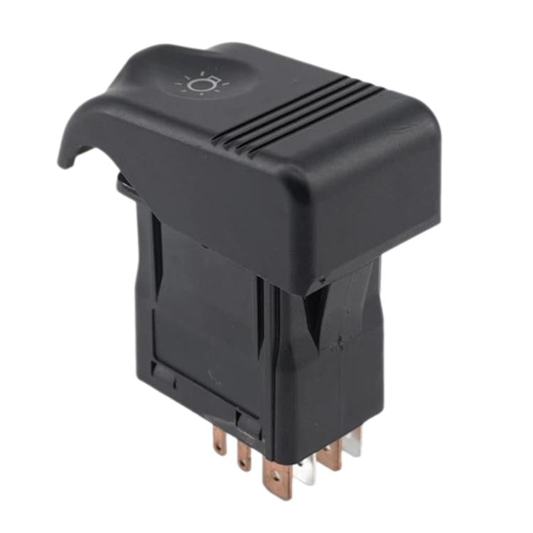 Black headlight control switch rocker with headlight symbol and exposed pin connectors
