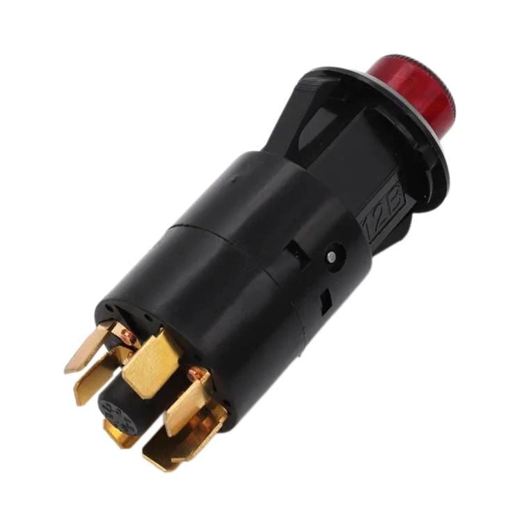 Car hazard warning light switch, black body with red lens and metal contacts